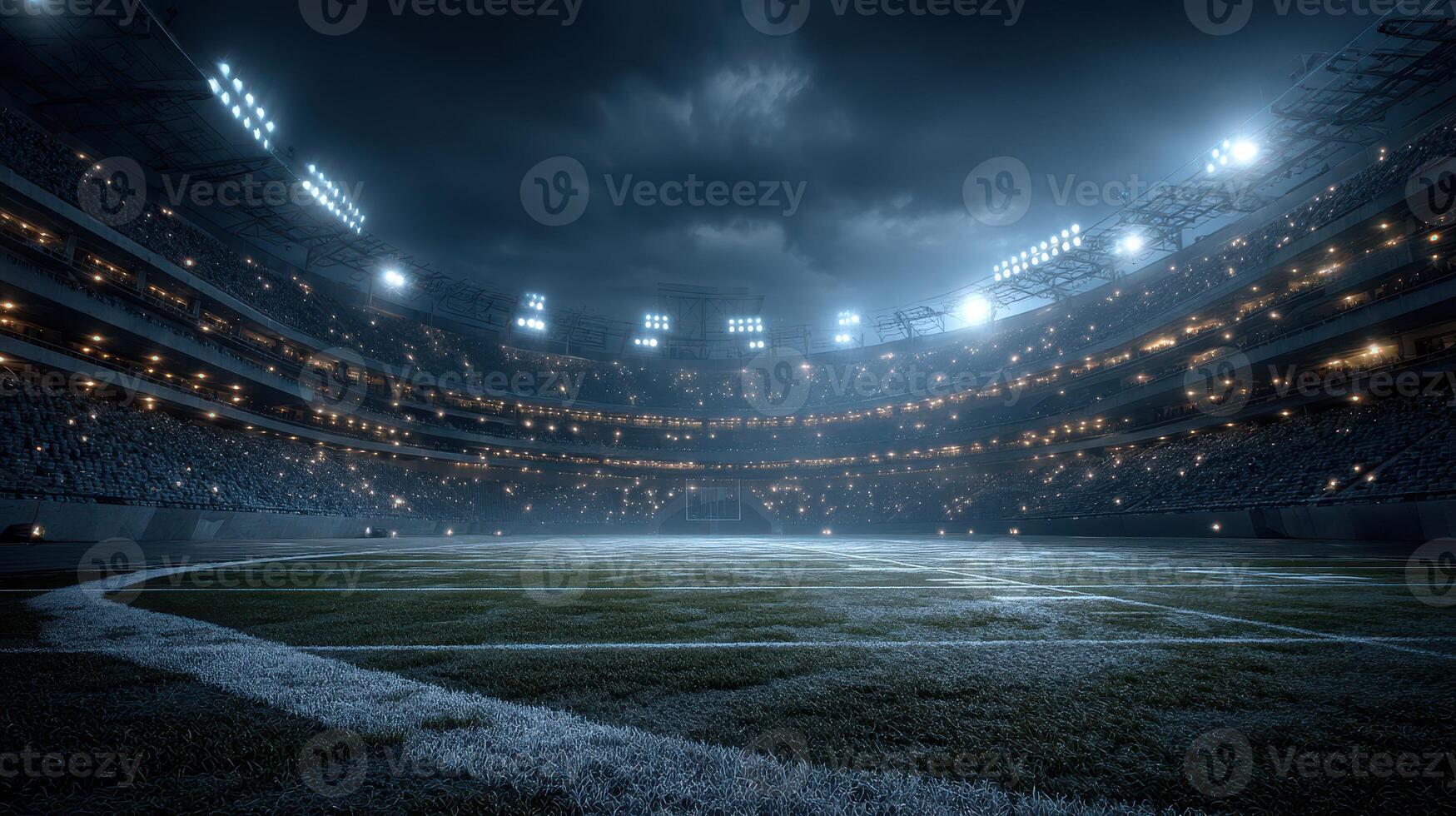Stadium at night with stadium lights illuminating the field and empty stands during an event preparation photo