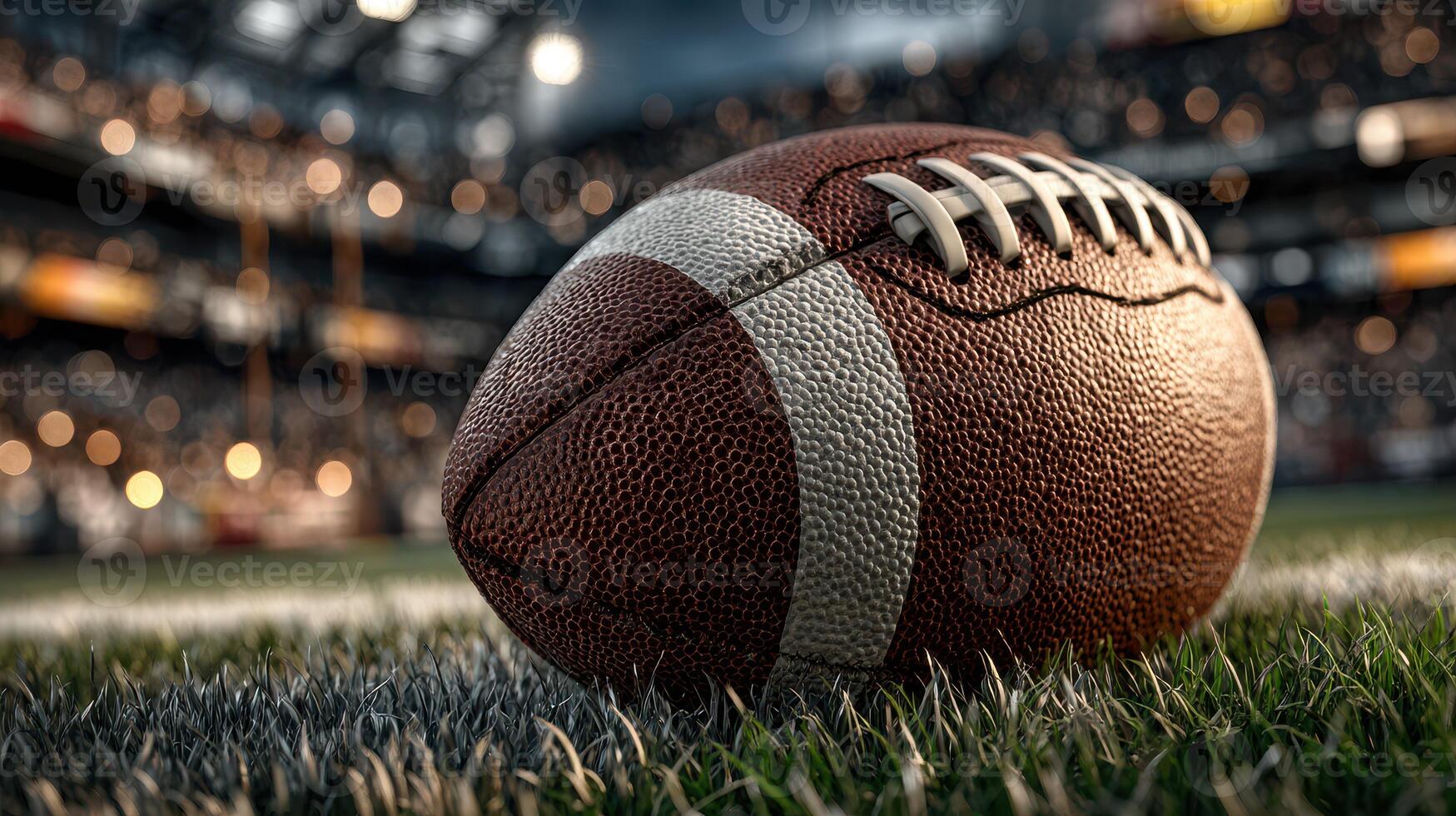 Football resting on the grassy field with stadium lights glowing in the background during an evening game photo