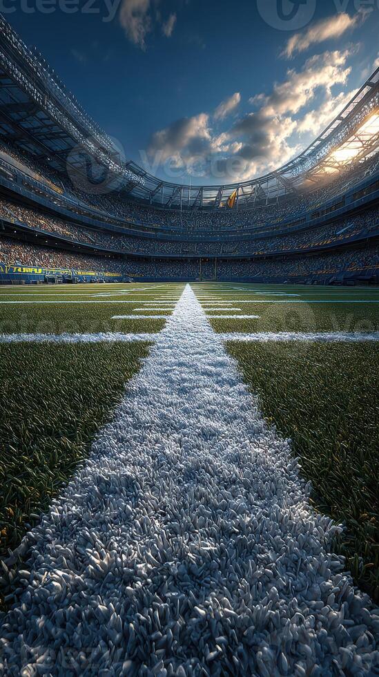 Stadium field view showcasing yard lines and distant stands during late afternoon light photo