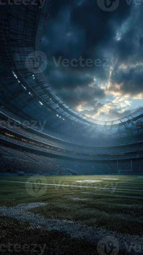 Dramatic stadium atmosphere during twilight before a big match in an empty arena photo