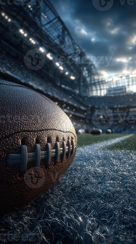 Football rests on the field in a large stadium during an evening game under dramatic skies photo