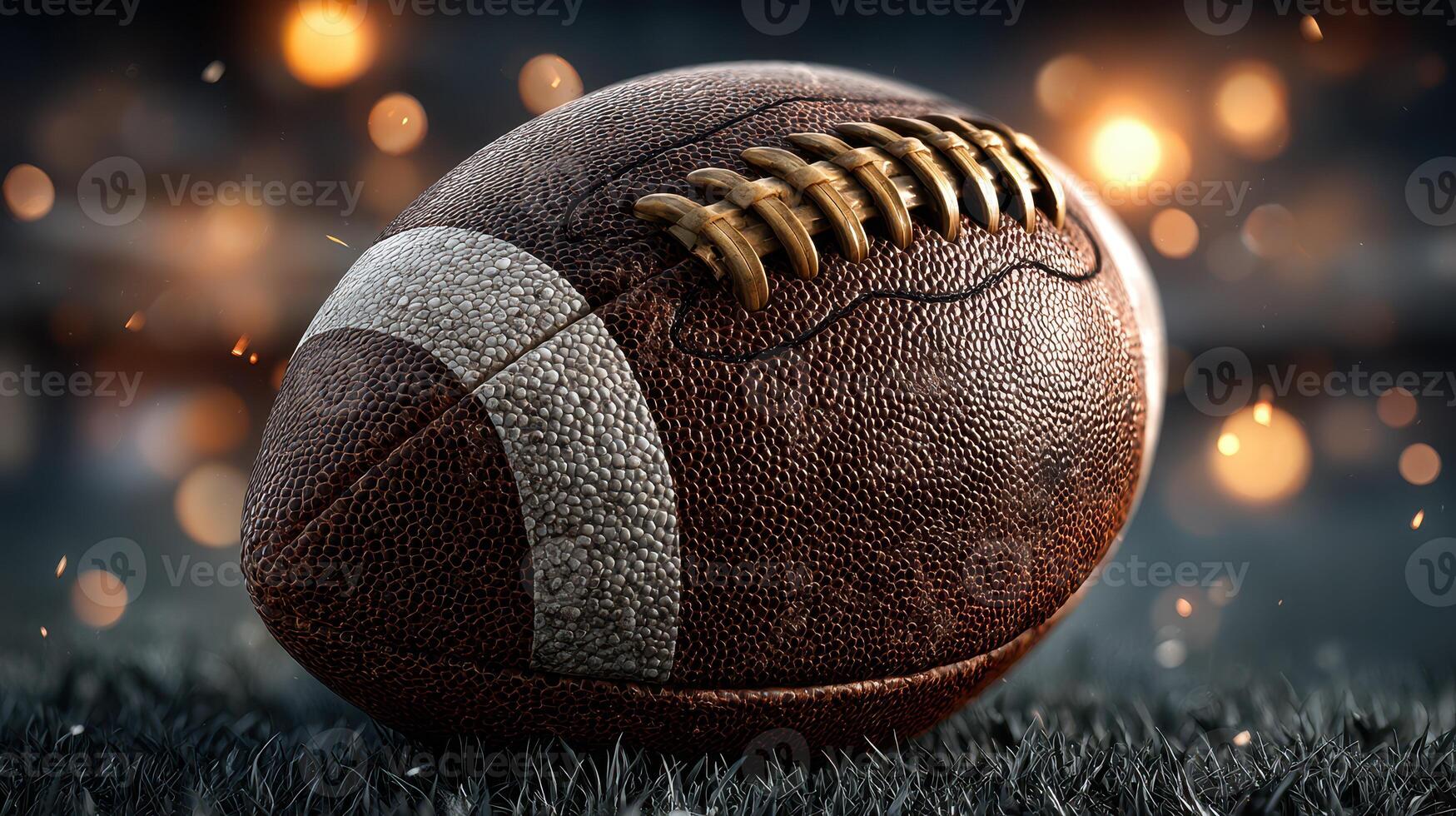 Exploring the texture and details of a classic brown football on a field with blurred lights in the background photo