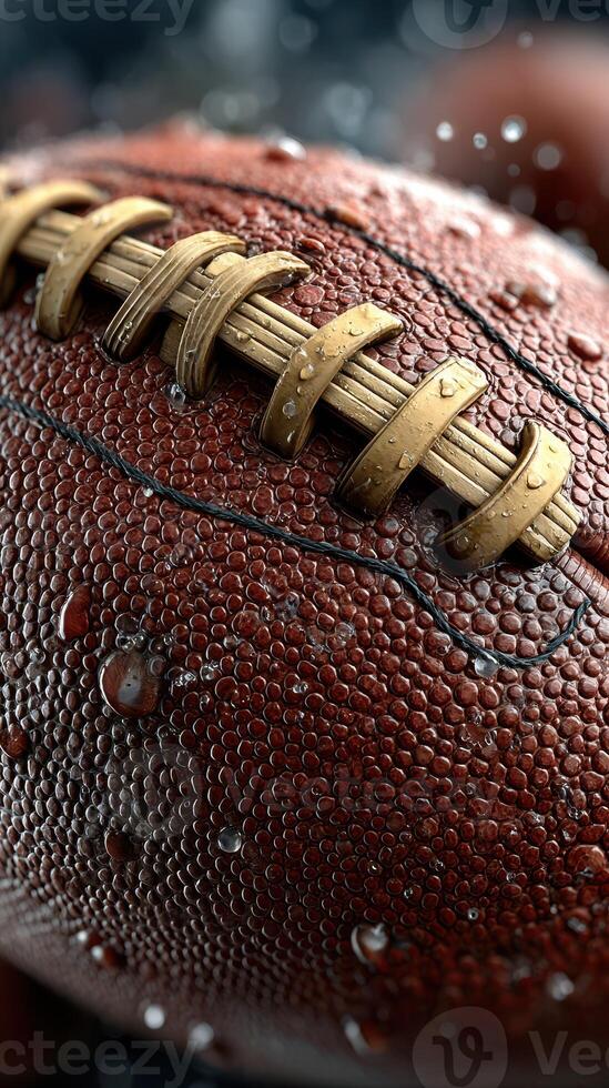 Close-up view of a wet football highlighting its texture and details during a rainy game at a local field photo