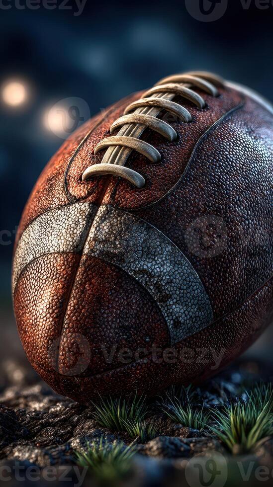 Vintage football resting on grass with a dramatic background during twilight photo