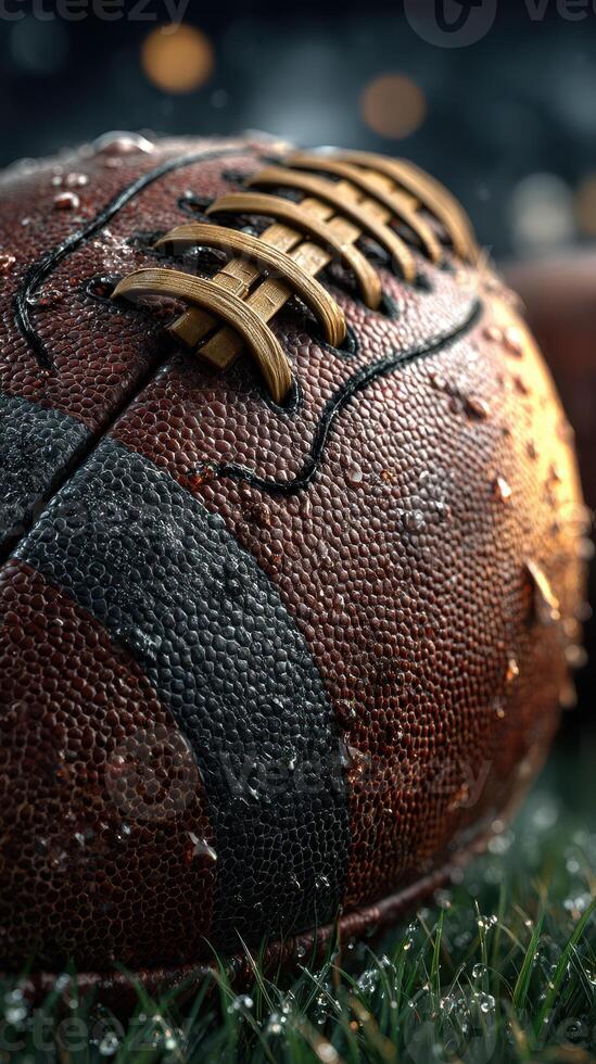 Rain-soaked football resting on grass in an outdoor setting during a twilight game photo