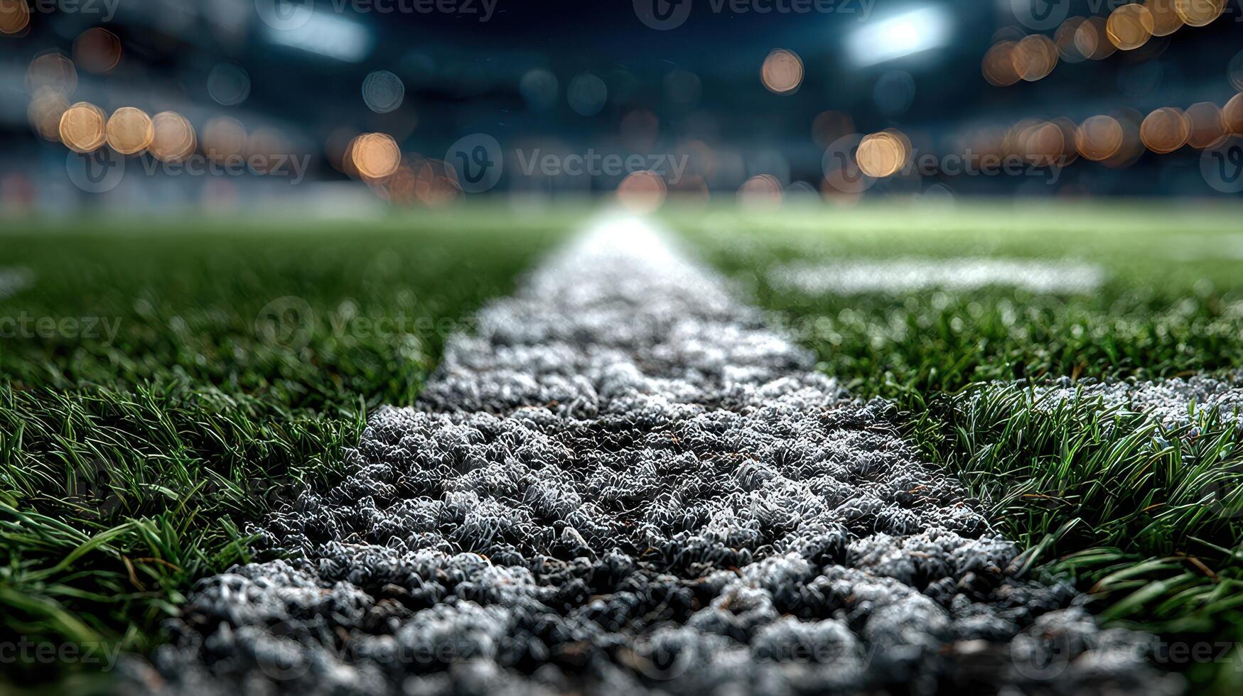 Grass turf close-up showing a football field with stadium lights during a night match in a vibrant sports atmosphere photo