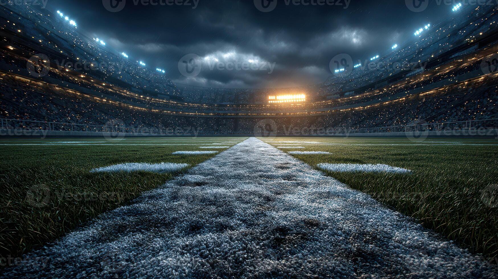 Nighttime football field illuminated by stadium lights with dark clouds overhead creating a dramatic atmosphere photo
