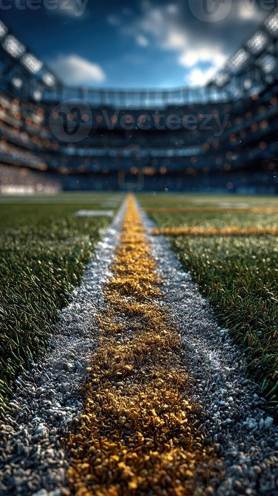 Football field close-up showcasing yard lines and goalposts during a sunny afternoon at a stadium photo