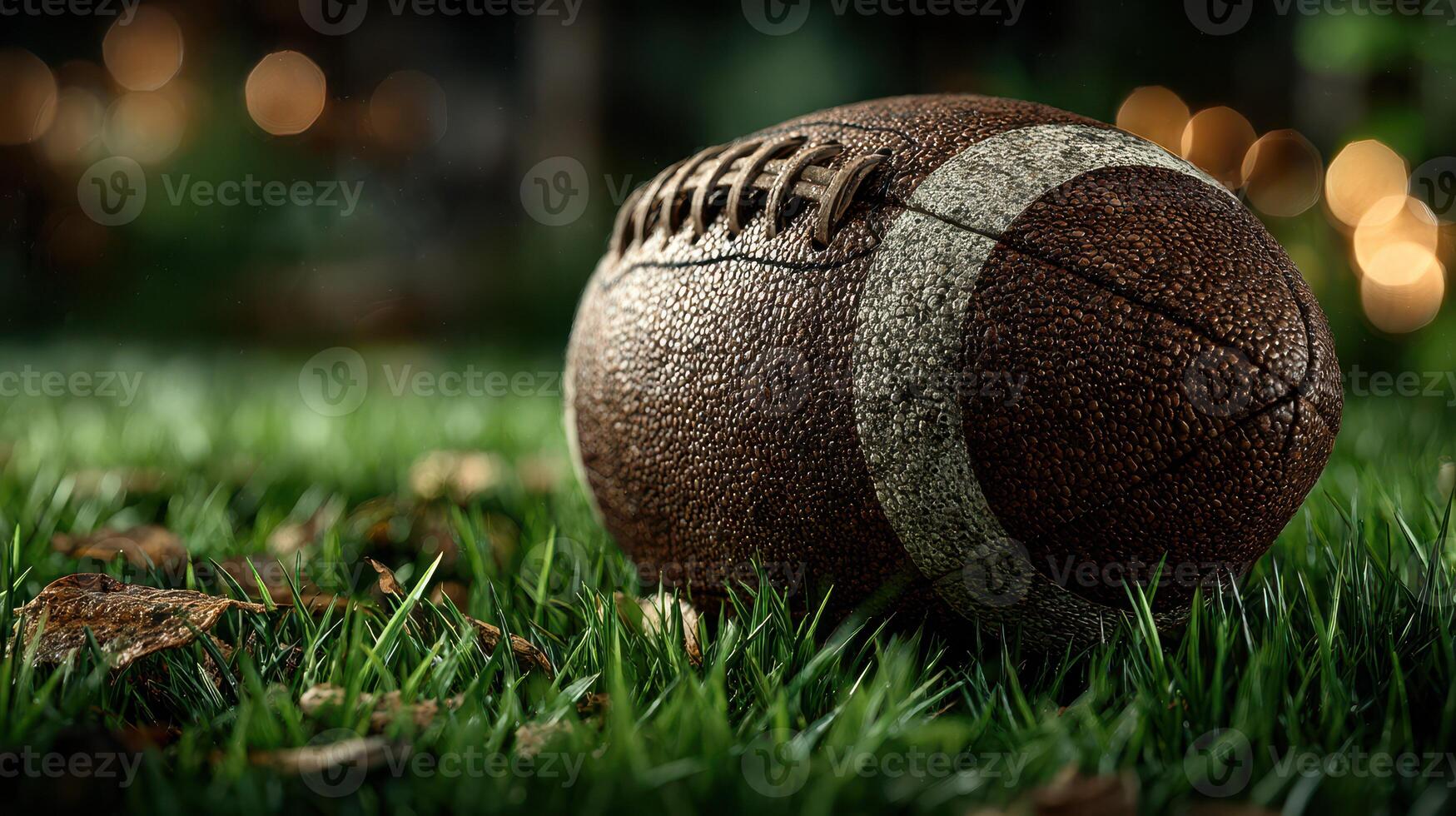 Football resting on grass with soft light creating a relaxed atmosphere in a park during late afternoon photo