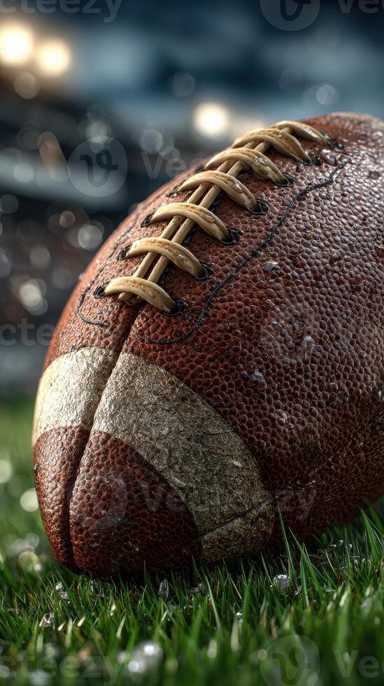 Close-up view of a weathered football resting on grass under soft evening light photo