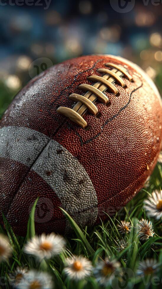 Close-up view of a wet football resting on grass surrounded by daisies during a serene afternoon photo