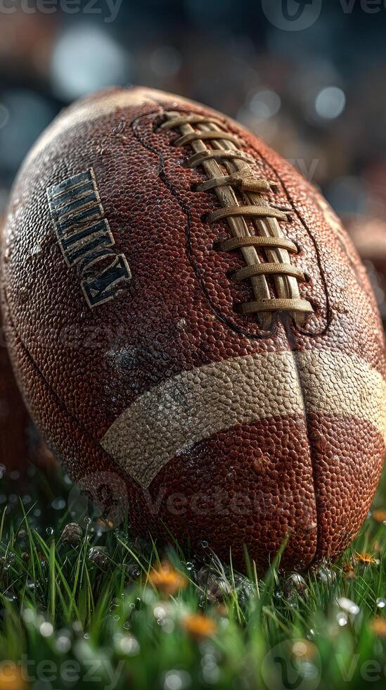 Football resting on wet grass with droplets reflecting sunlight during a chilly early morning photo