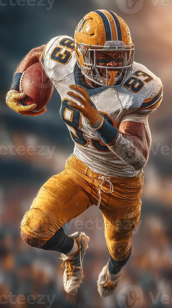 Dynamic football player sprinting down the field during an intense game in a stadium setting photo