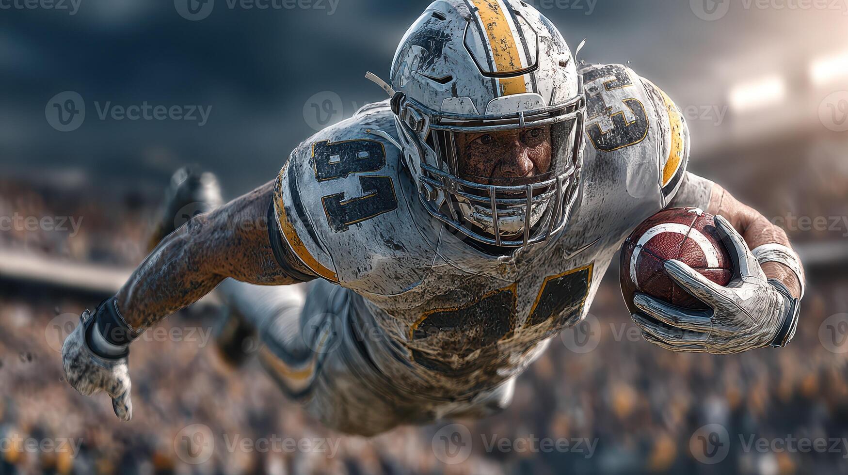Player making a spectacular catch during a football game in a packed stadium under dramatic lighting photo