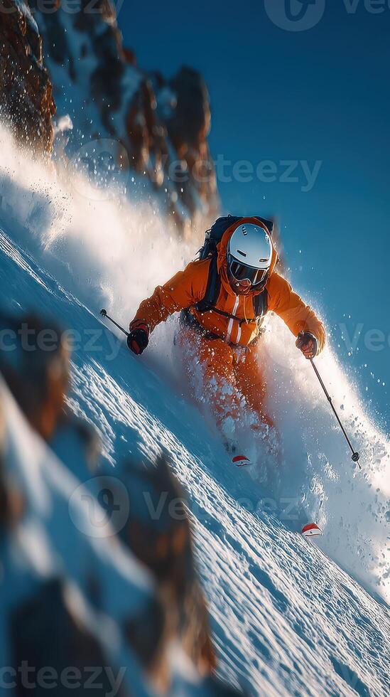 Skiing through fresh powder on a pristine slope in the mountains during a bright winter day photo