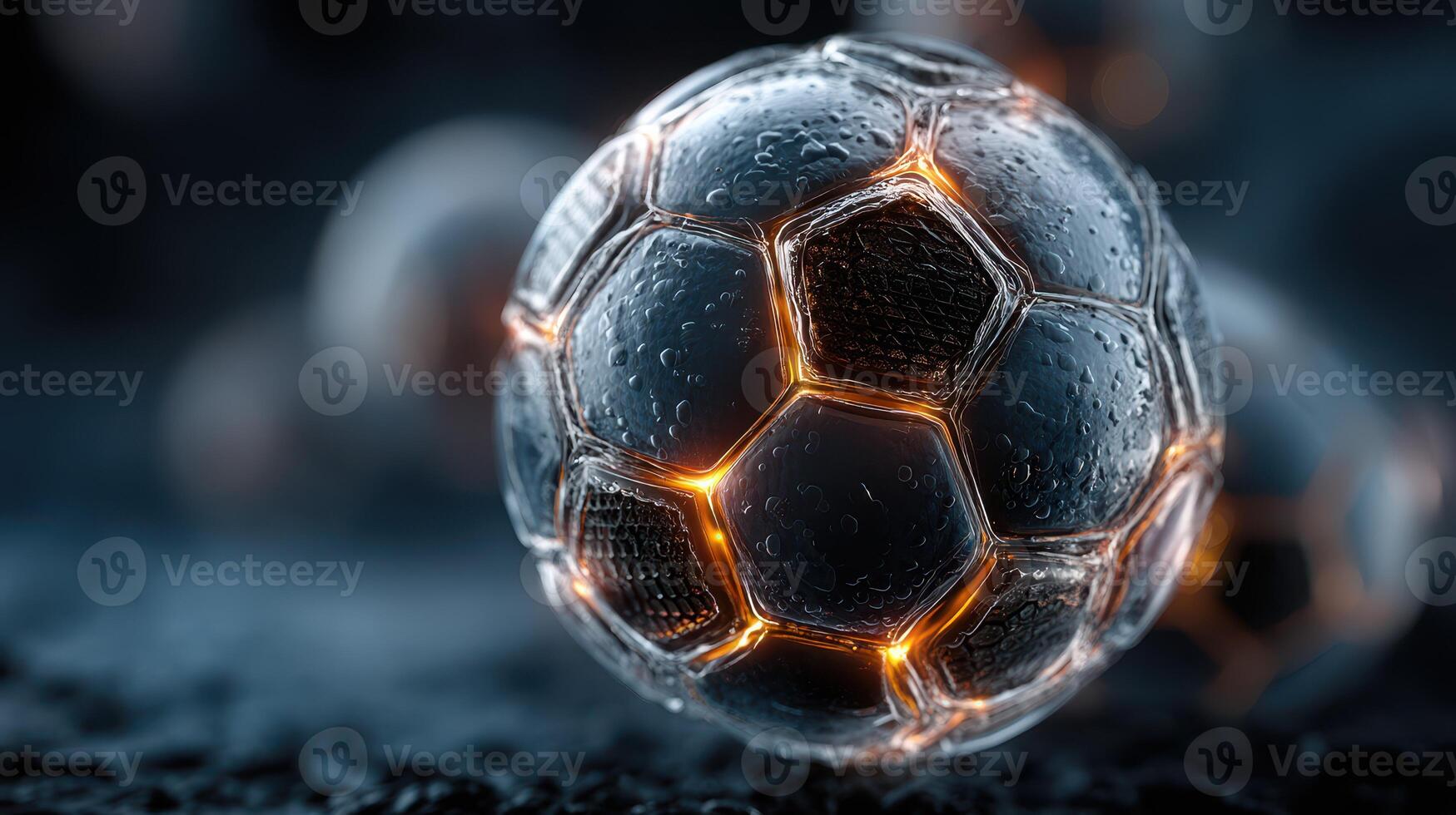Soccer ball highlighted with glowing effects against a blurred background in a dark setting photo