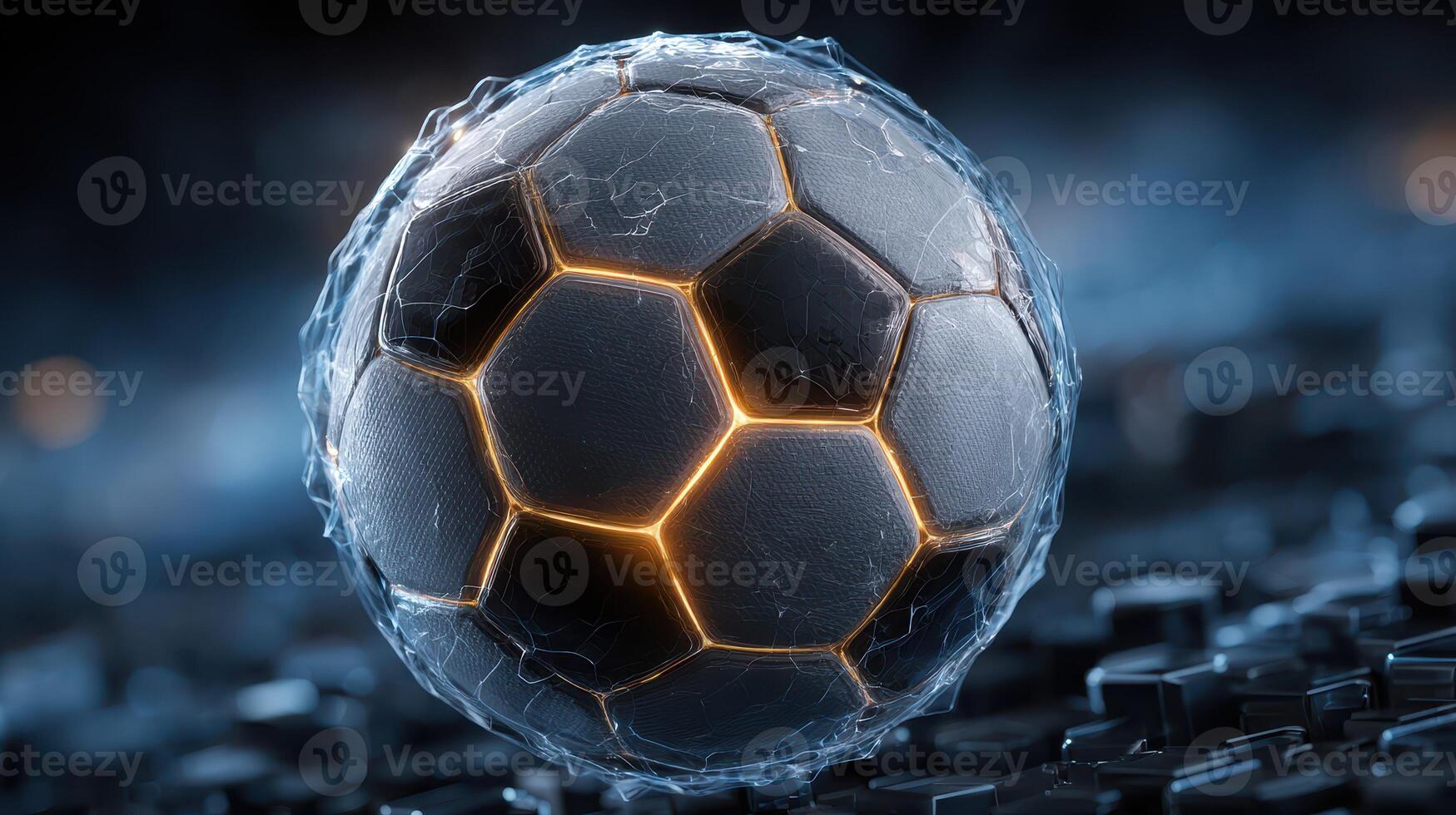 Soccer ball designed with glowing hexagonal patterns on a dark background photo