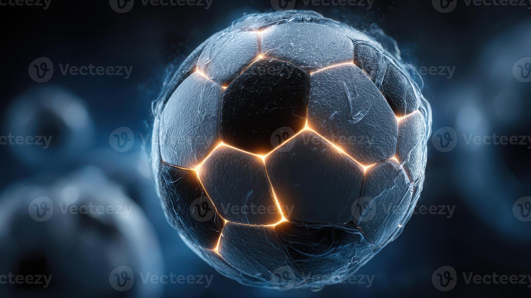 Soccer ball design showcases intricate details with glowing patches in a dark setting photo