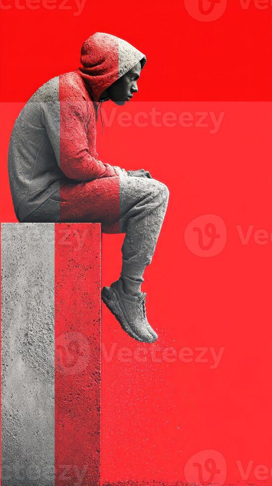 Person sitting on a ledge wearing a hoodie while contemplating the vibrant red background at sunset photo
