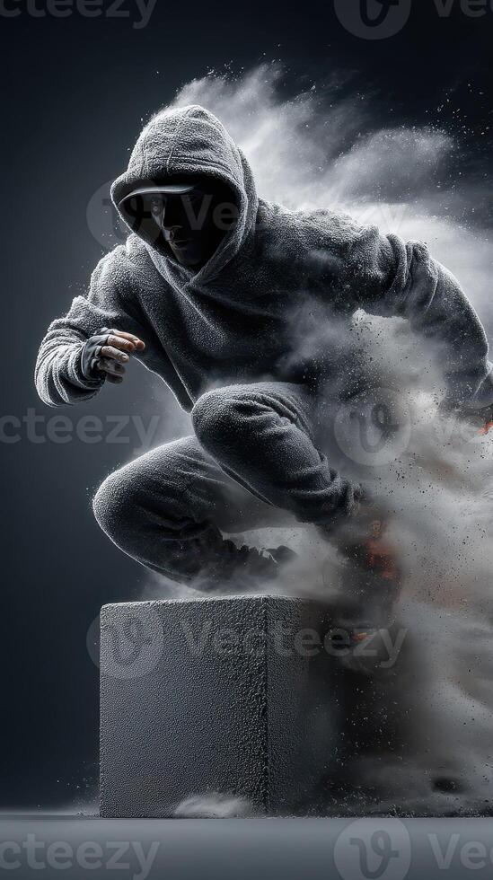 Athlete in motion jumps from a concrete pedestal while surrounded by clouds of dust and debris in a dynamic urban setting photo