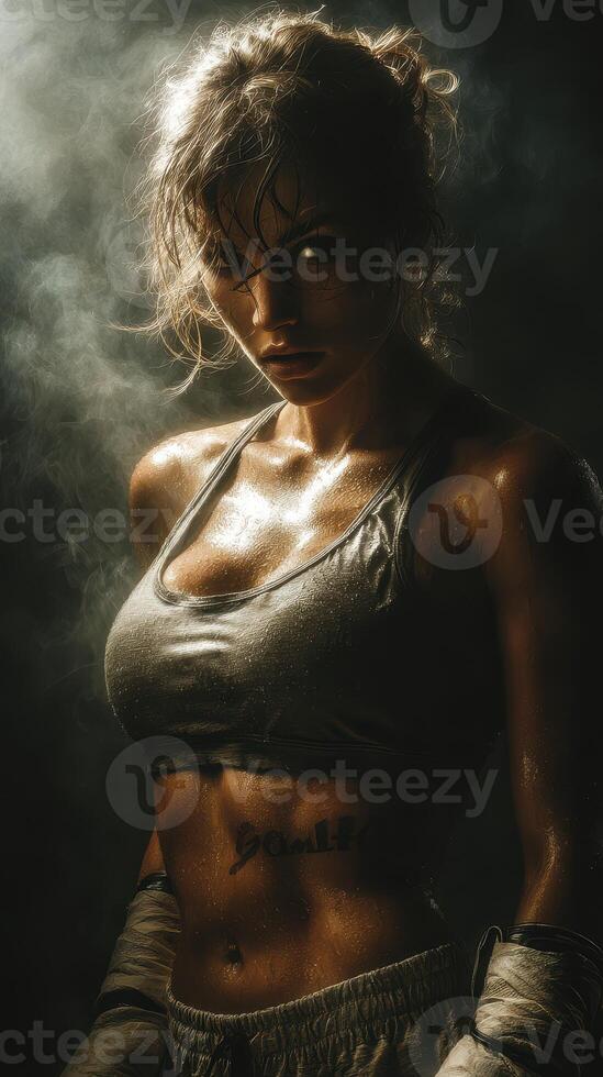 Strong female boxer training intensely in a dimly lit gym with a dramatic atmosphere photo