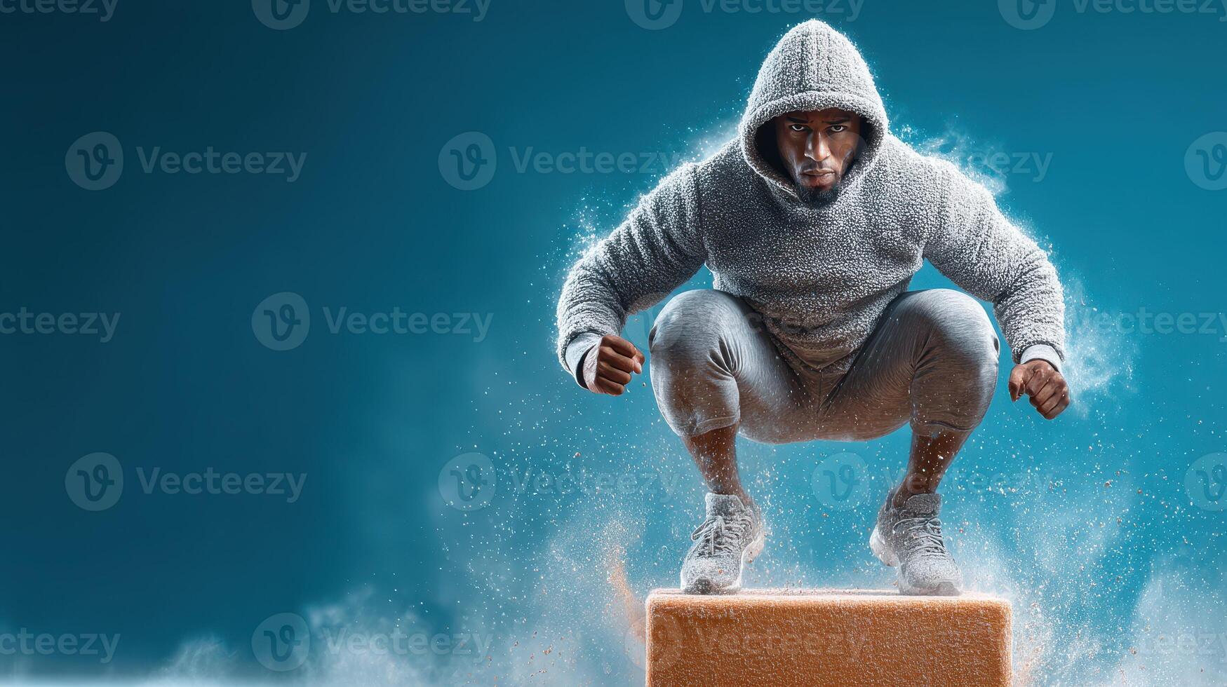 Athlete performing a powerful jump on a block in a dynamic training session in a studio environment photo