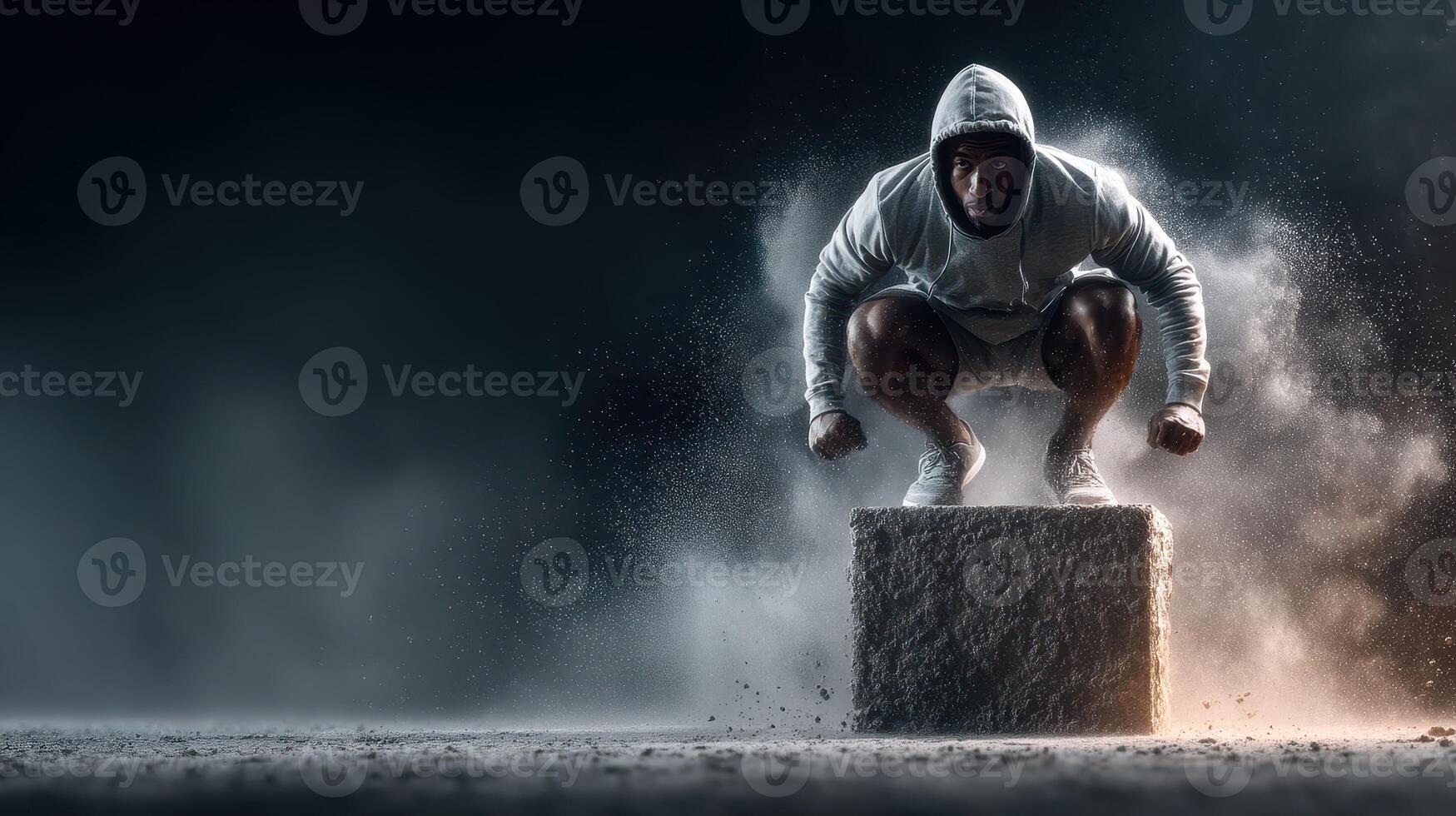 Athlete performing a jump on a block with dust flying in a dramatic indoor setting during a training session photo