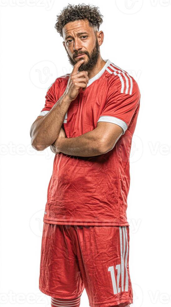 Professional soccer player in red uniform posing thoughtfully in studio setting during daytime photo