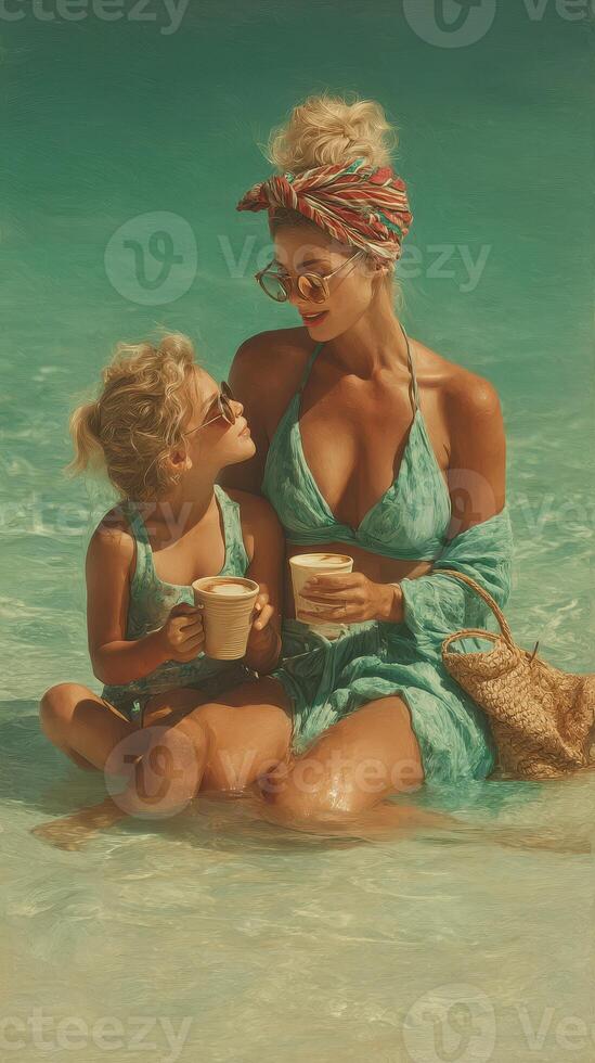 Mother and daughter enjoying tropical beach time together while sipping drinks under the sun photo