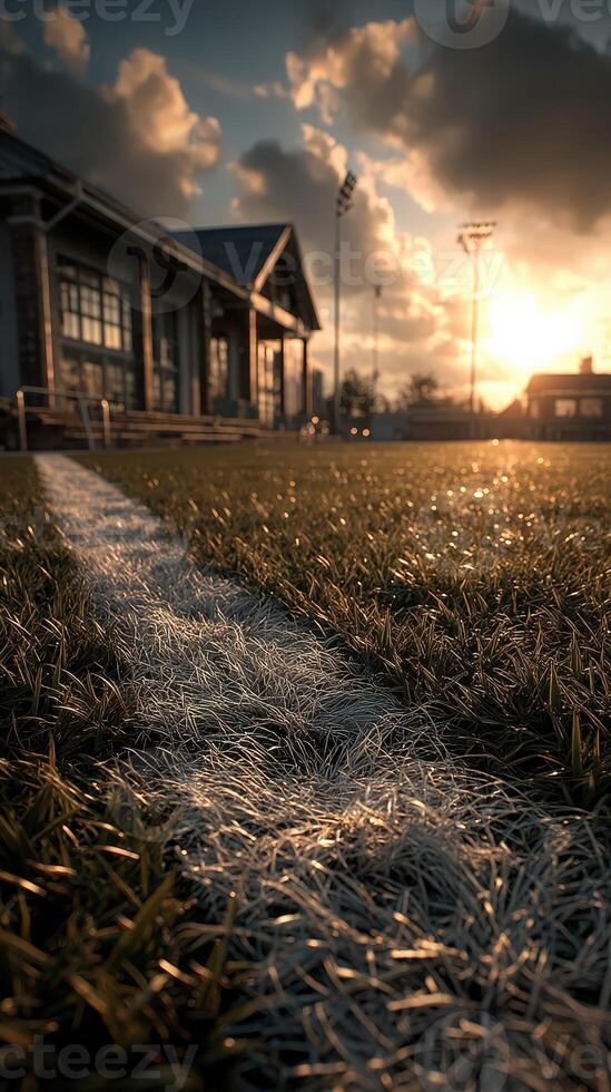 Beautiful sunset over a sports field with a clear line marking the playing area and buildings in the background photo