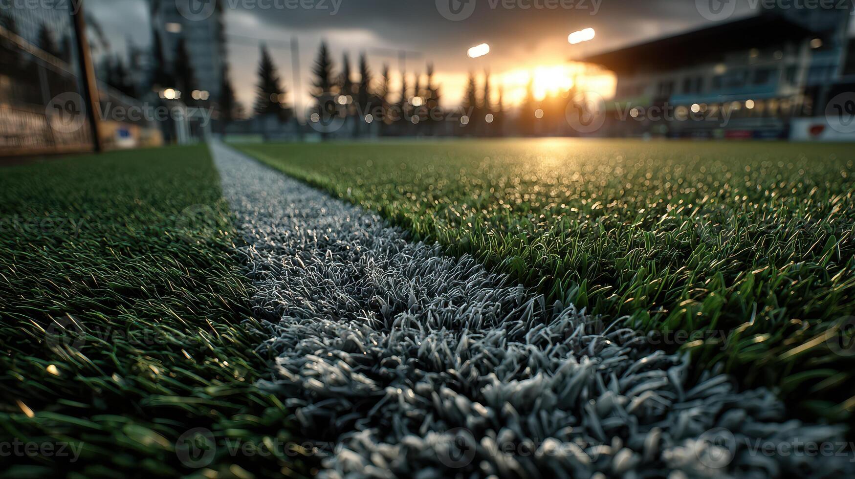 Bright sunset over a sports field with artificial turf and goalposts during evening training session photo