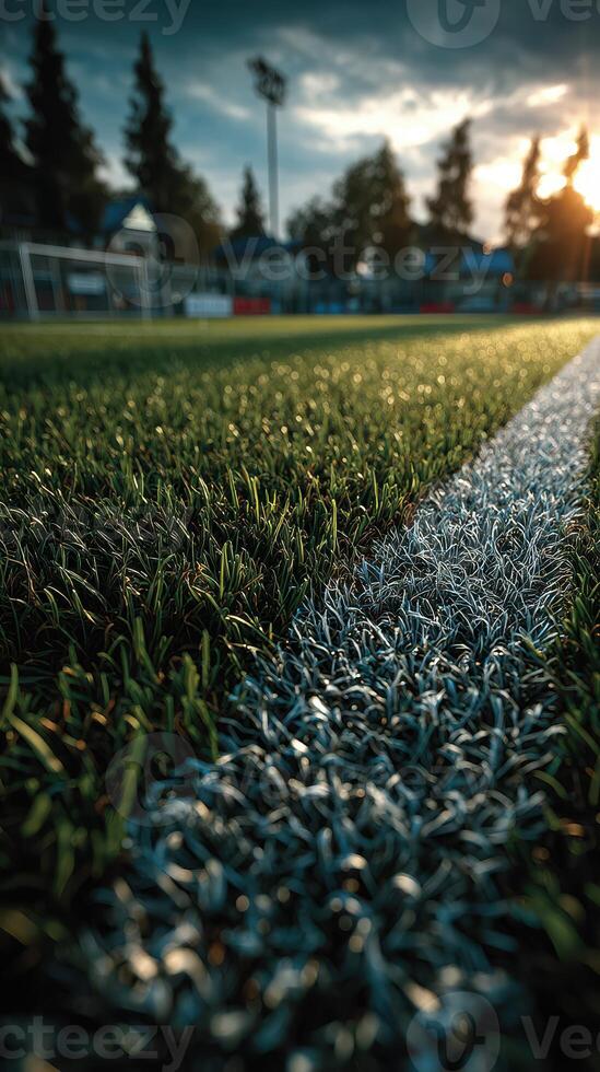 Grass field at sunset showcases vibrant turf and goalpost in local sports area photo