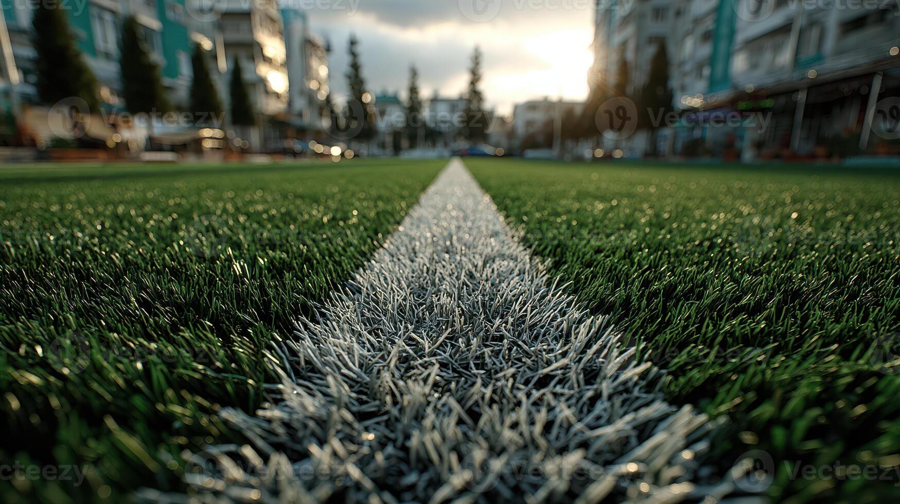 Artificial turf field during early evening with city buildings in the background and dramatic sky photo