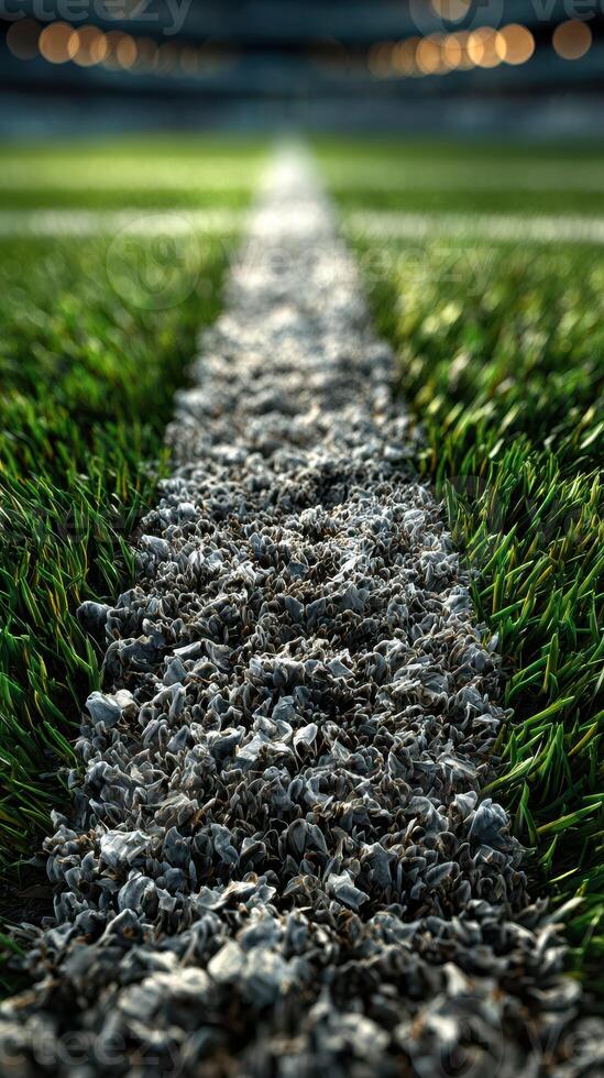 Close up view of a freshly marked soccer field highlighting the white line against vibrant green grass during daytime photo