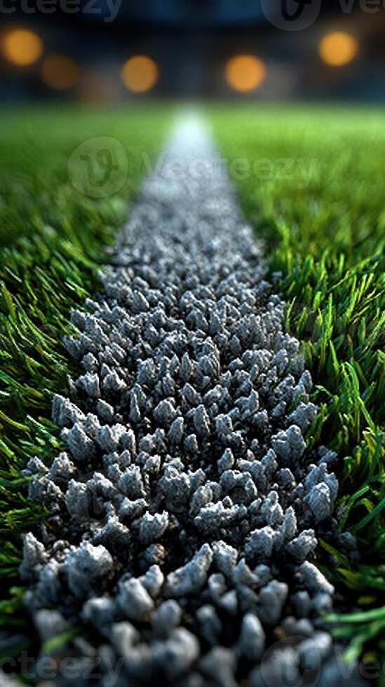 Grass field with a white line marking center path during a sports event in the evening light photo