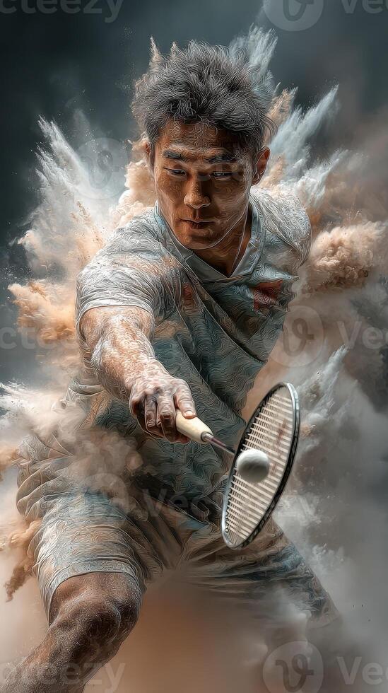 Dynamic badminton player smashes the shuttlecock amidst a vibrant cloud of dust in a dramatic indoor setting during a competitive match photo