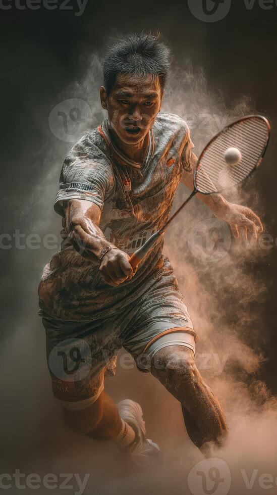 Dynamic badminton player showcasing skill in dramatic lighting during intense match photo