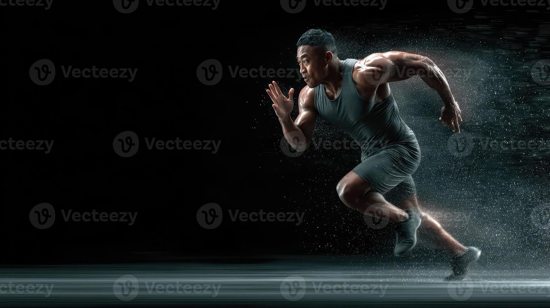 Athlete sprinting with powerful energy in a dynamic running pose during a training session indoors photo