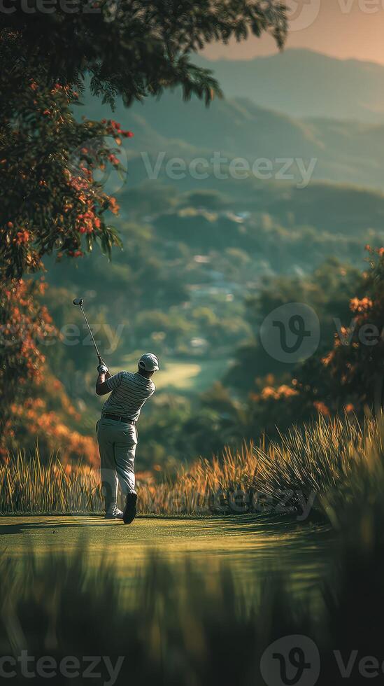 Golfer takes a swing on a scenic landscape during sunset on a lush golf course photo