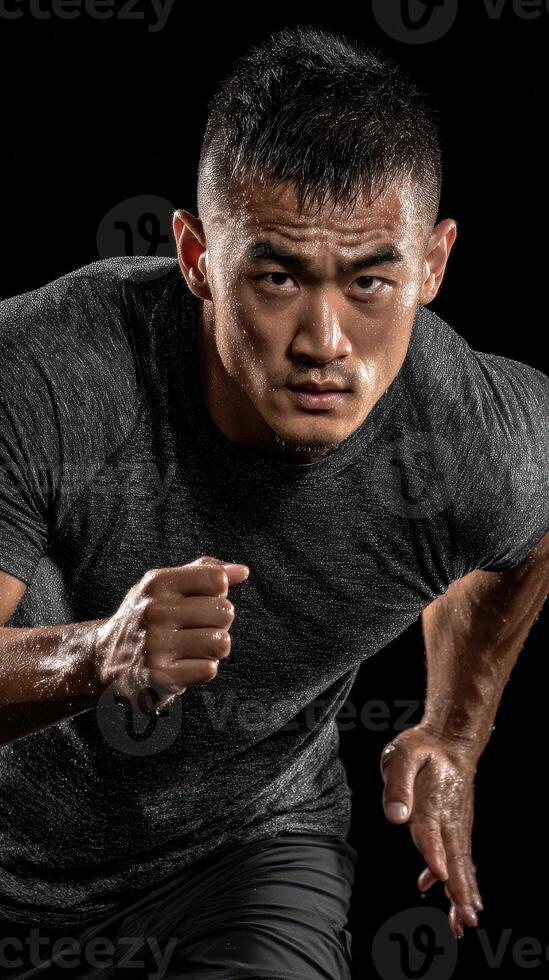 Intense runner sprinting in a dark studio setting during a high-energy workout session photo