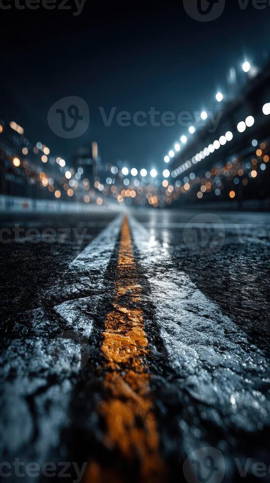 Night view of a racetrack featuring illuminated lights and a focus on worn asphalt photo