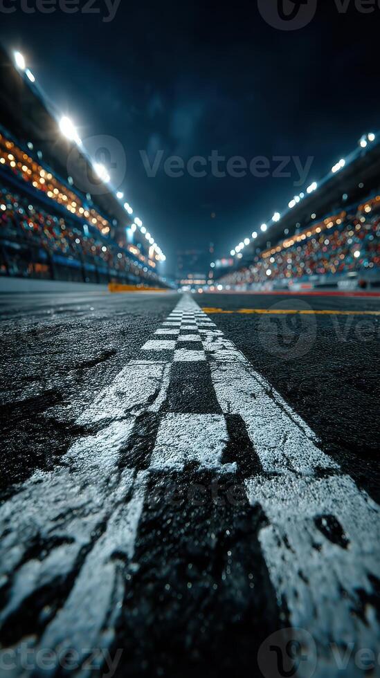 Race track view at night with bright lights and checkered line marking the finish line photo