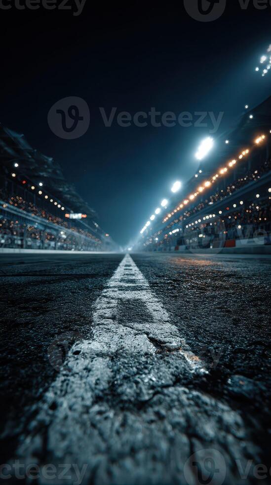 Racetrack ready for an evening event with bright lights illuminating the starting line and stands filled with spectators photo