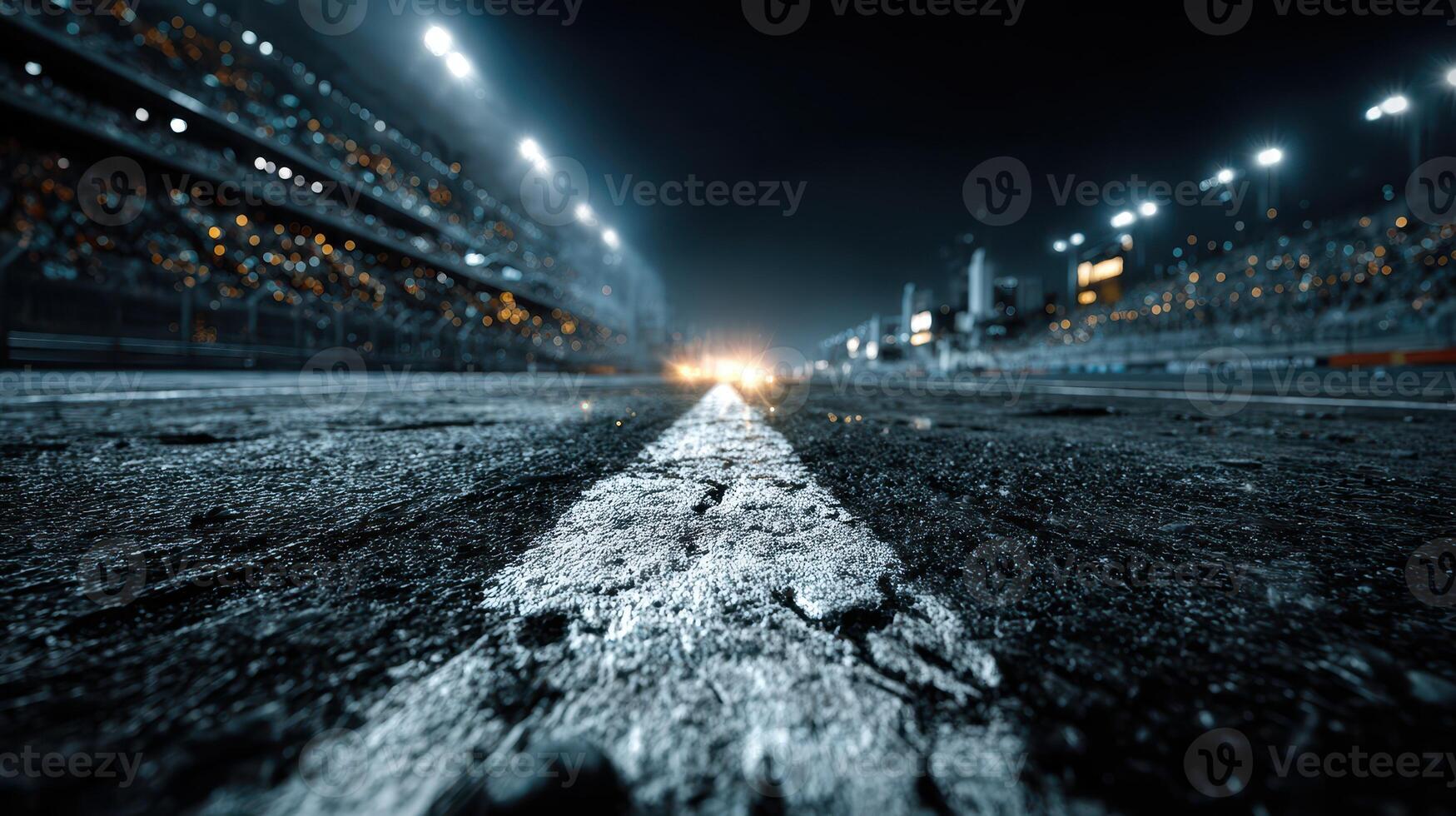 Race track view at night featuring bright lights and a gritty asphalt surface during an exciting motorsport event photo