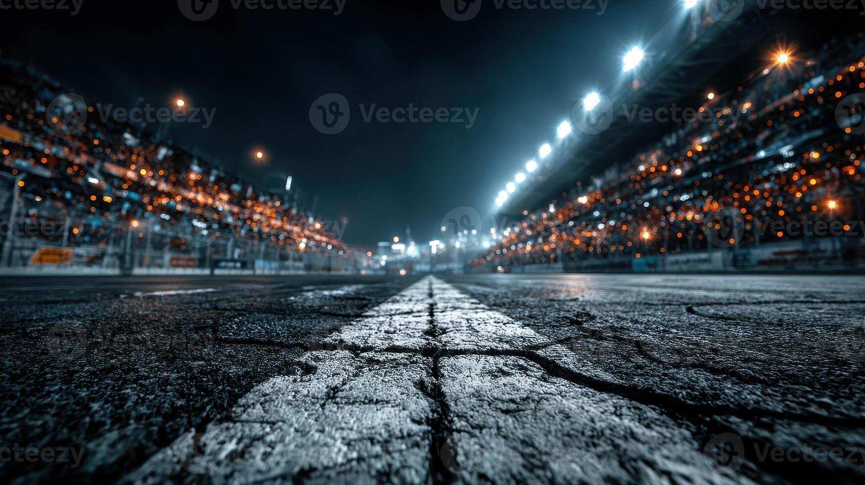 View of an empty racetrack at night with bright stadium lights illuminating the surroundings and a clear starry sky photo