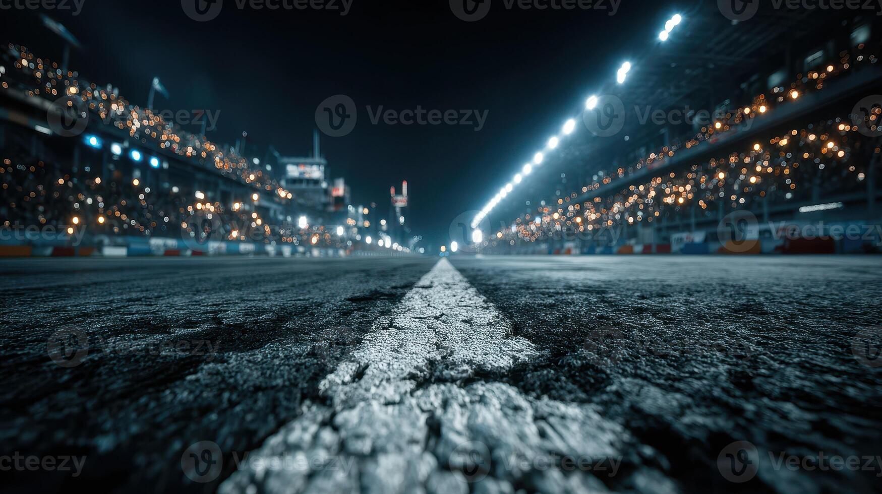 Nighttime race track view with bright lights and excited crowd ready for the competition photo