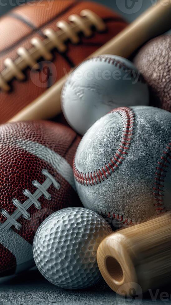 Collection of various sports balls and a bat arranged artistically on a textured surface photo