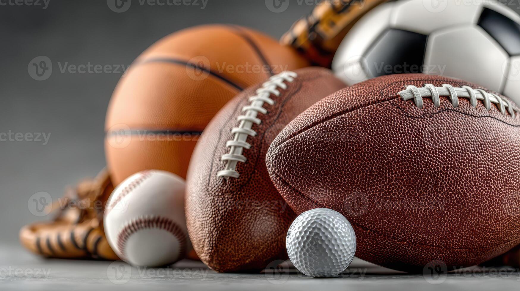 Various sports balls arranged together in a close-up view showcasing diversity in athletics and games at a modern setting photo
