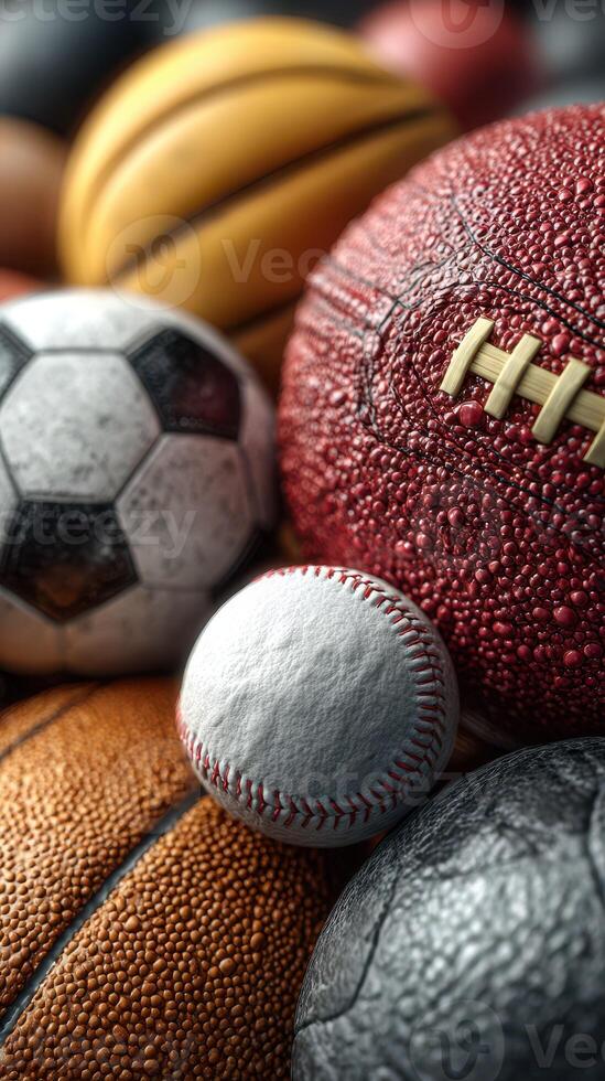 Different types of sports balls collected together showcasing their textures and colors in a close-up arrangement photo