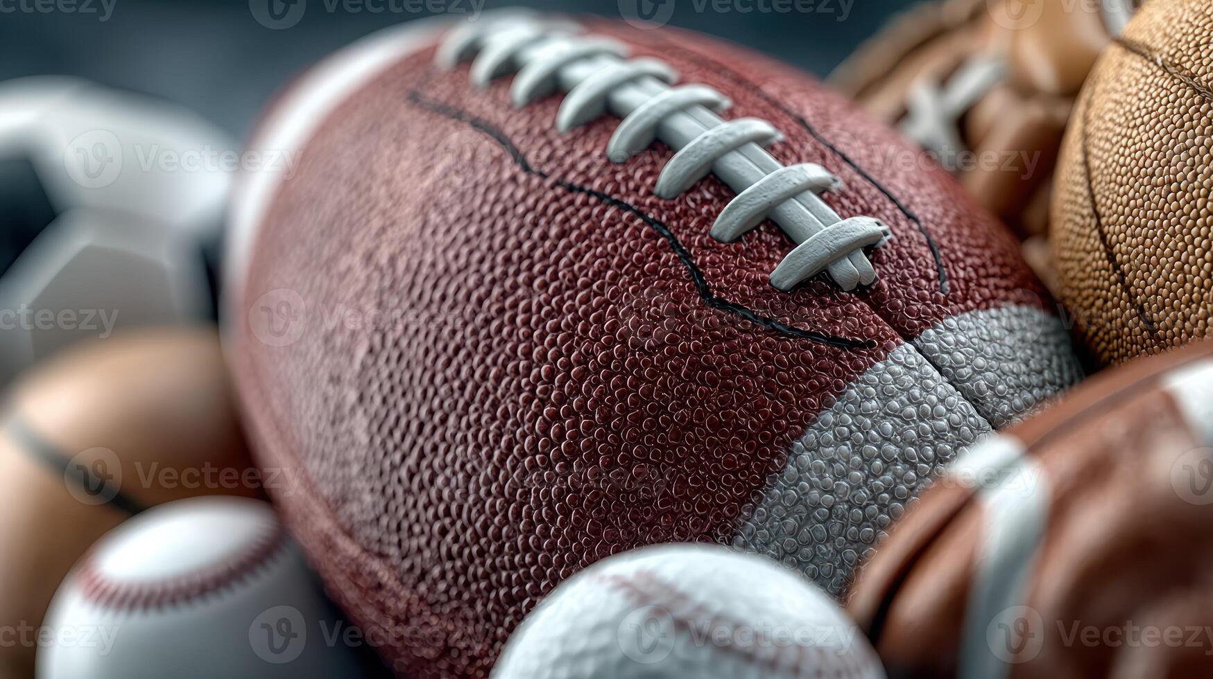 Different types of sports balls including football, basketball, and soccer arranged closely in a dynamic display photo